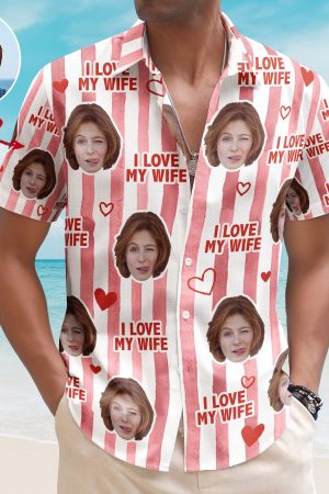 I Love My Wife Stripe Pattern Summer Trip - Personalized Photo Hawaiian Shirt