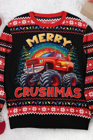 Merry Crushmas Monster Truck Christmas For Kids - Personalized Ugly Sweater